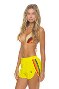 WOMENS 5 STRIPE FLEX BOARD SHORTS - NEON YELLOW RAINBOW