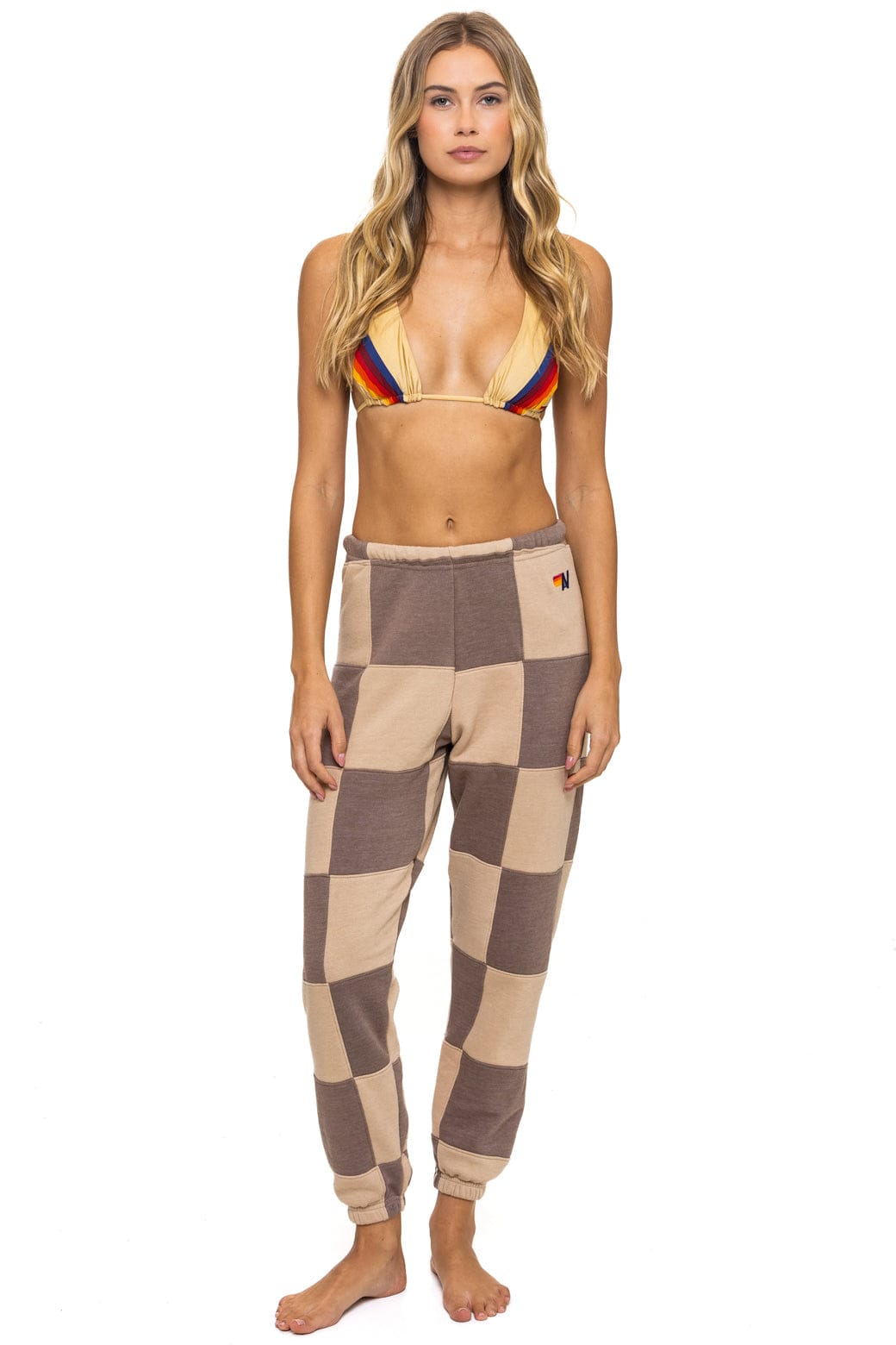 CHECK QUILTED SWEATPANTS - SAND TAUPE