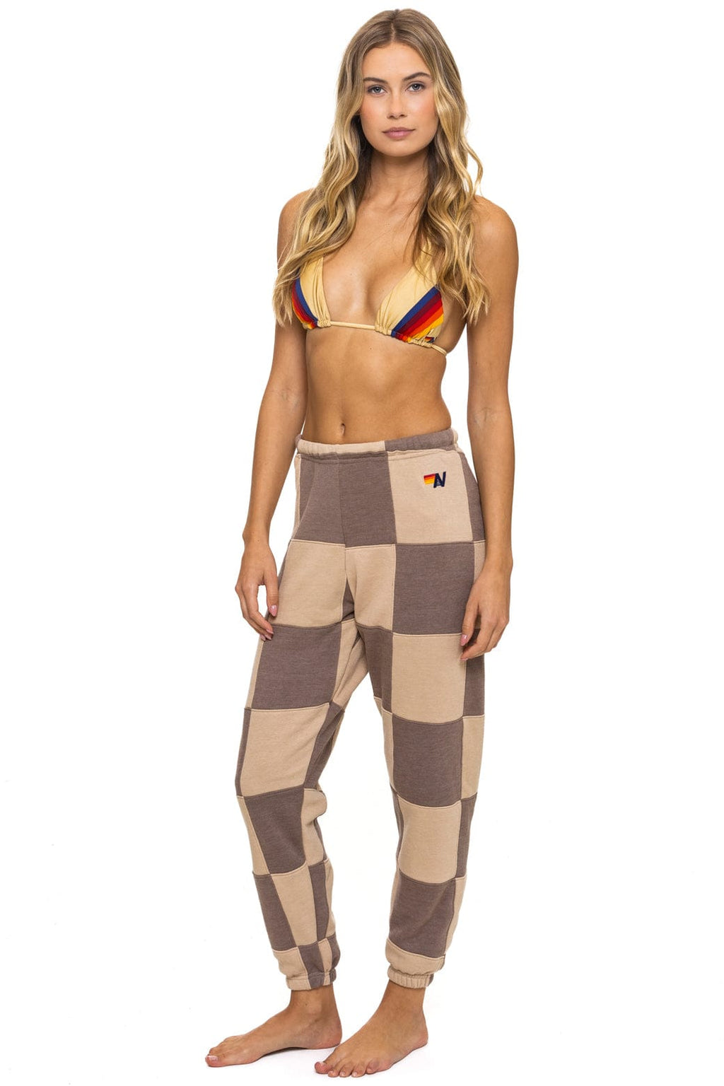 CHECK QUILTED SWEATPANTS - SAND TAUPE