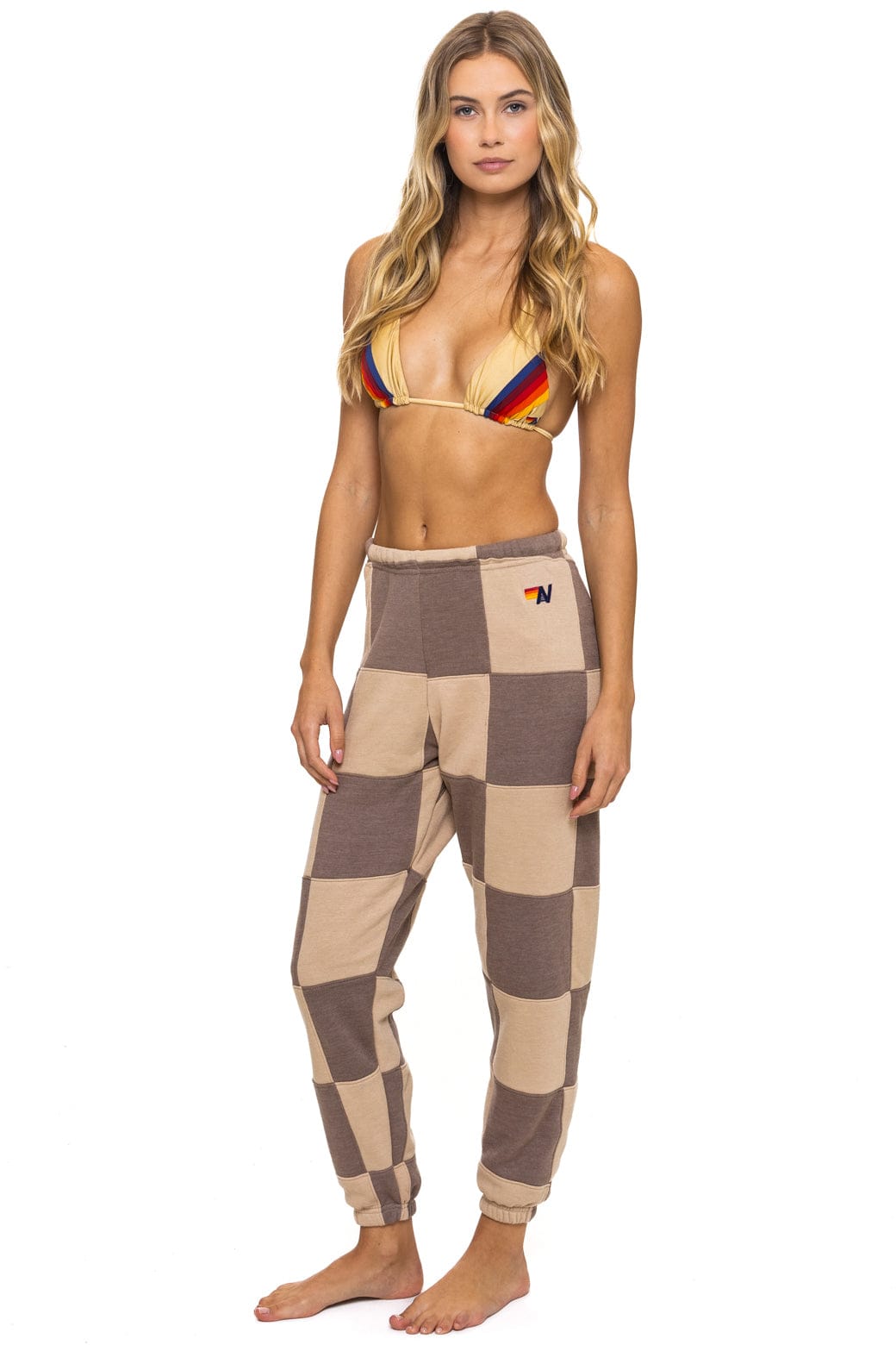 CHECK QUILTED SWEATPANTS - SAND TAUPE