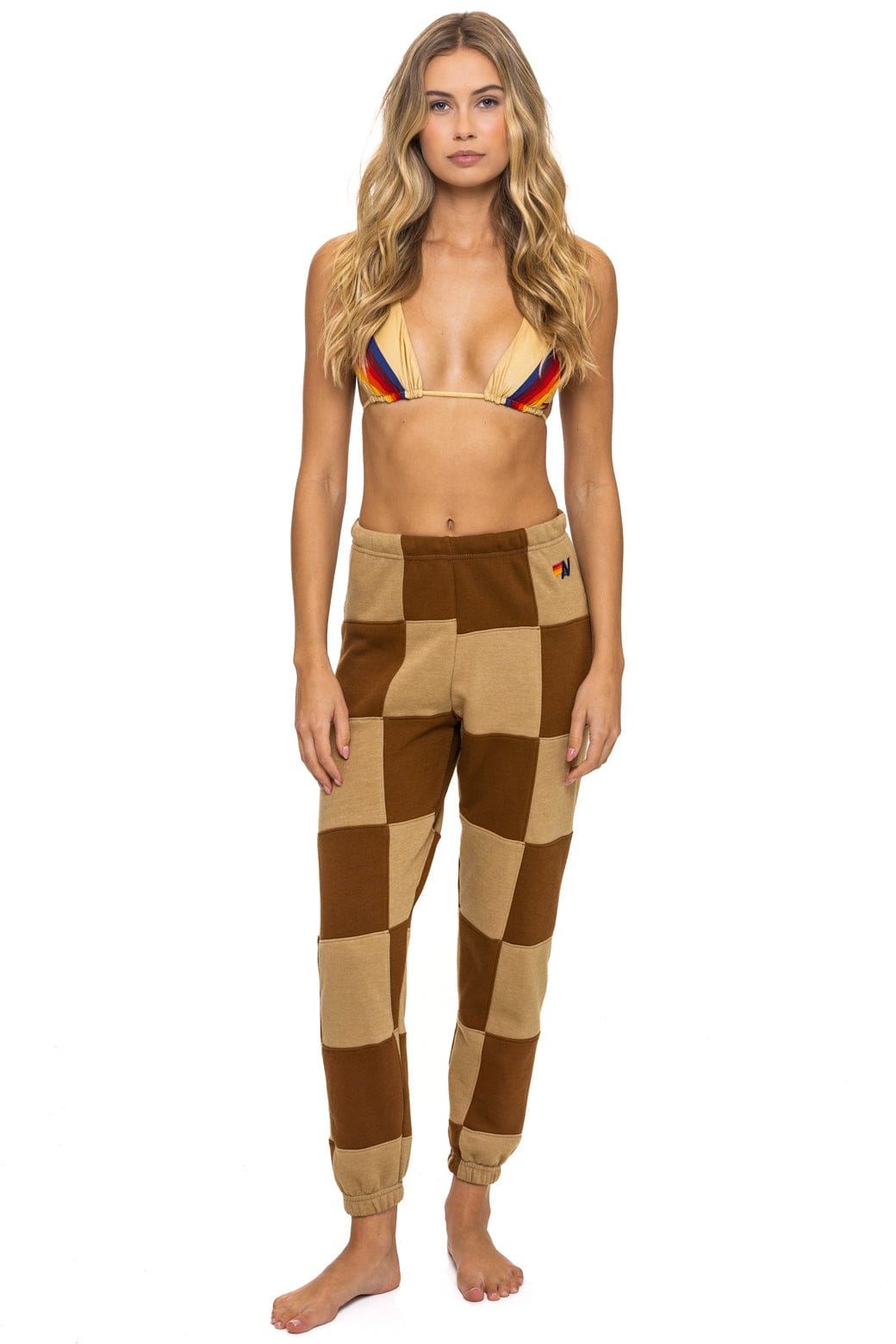 CHECK QUILTED SWEATPANTS - TAN CINNAMON