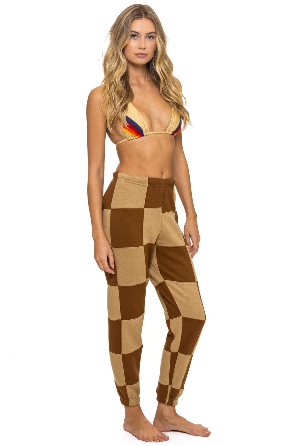 CHECK QUILTED SWEATPANTS - TAN CINNAMON