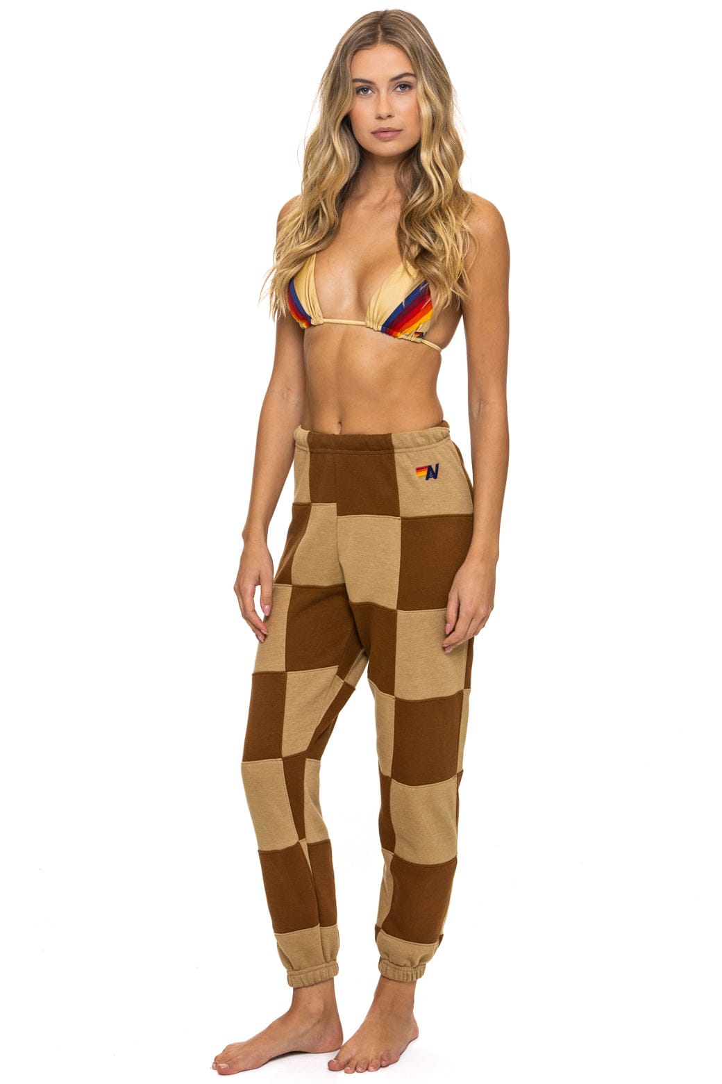 CHECK QUILTED SWEATPANTS - TAN CINNAMON