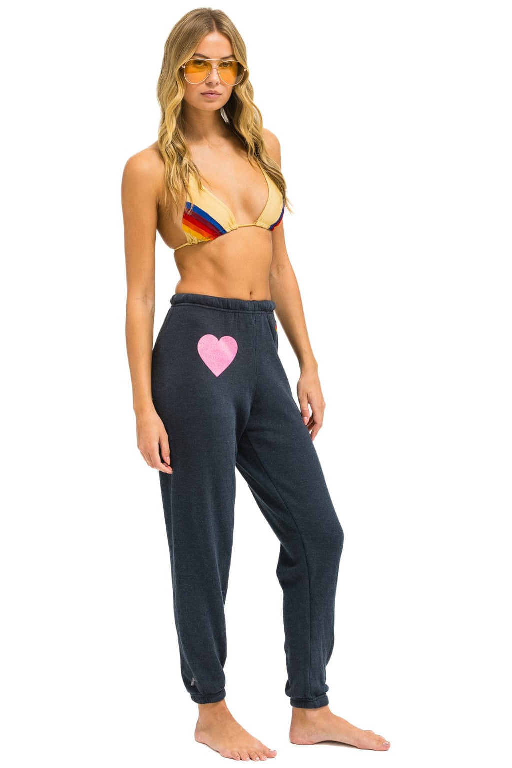 GLITTER HEART SWEATPANTS - CHARCOAL NEON PINK