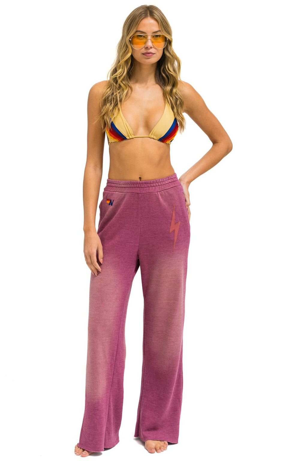 BOLT STITCH WIDE LEG POCKET SWEATPANTS - FADED BERRY