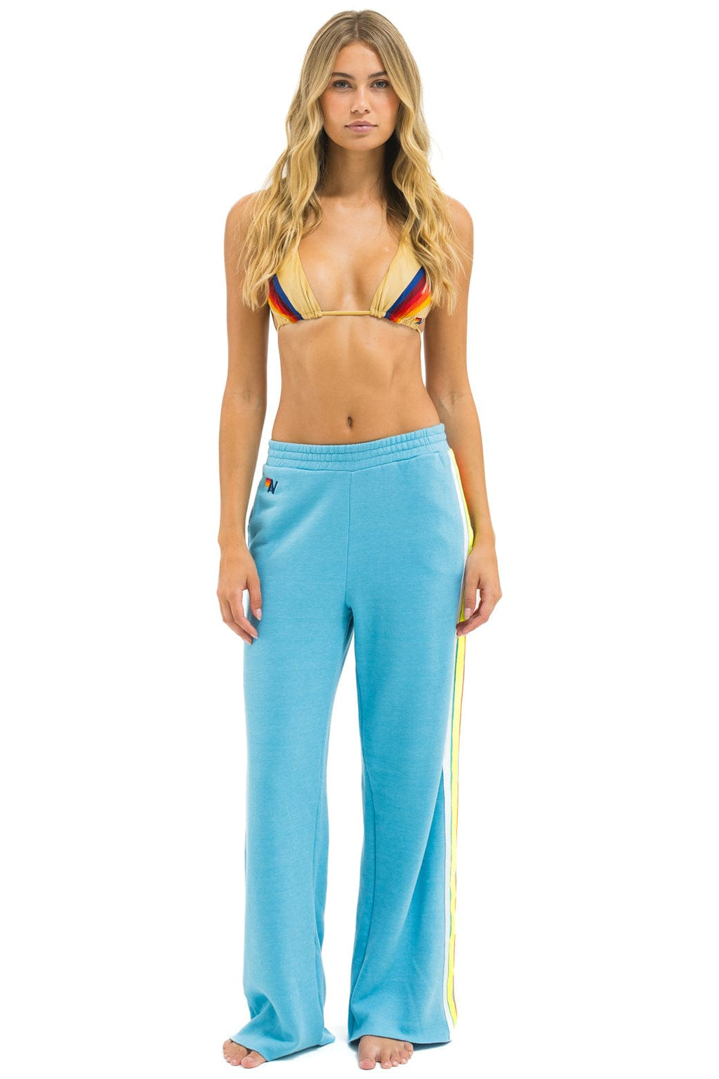 5 STRIPE WIDE LEG POCKET SWEATPANTS - AQUA WHITE NEON