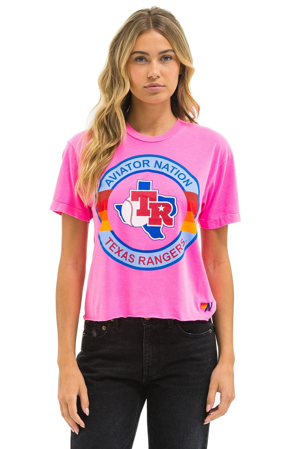 TEXAS RANGERS AVIATOR NATION WOMENS BOYFRIEND TEE - NEON PINK