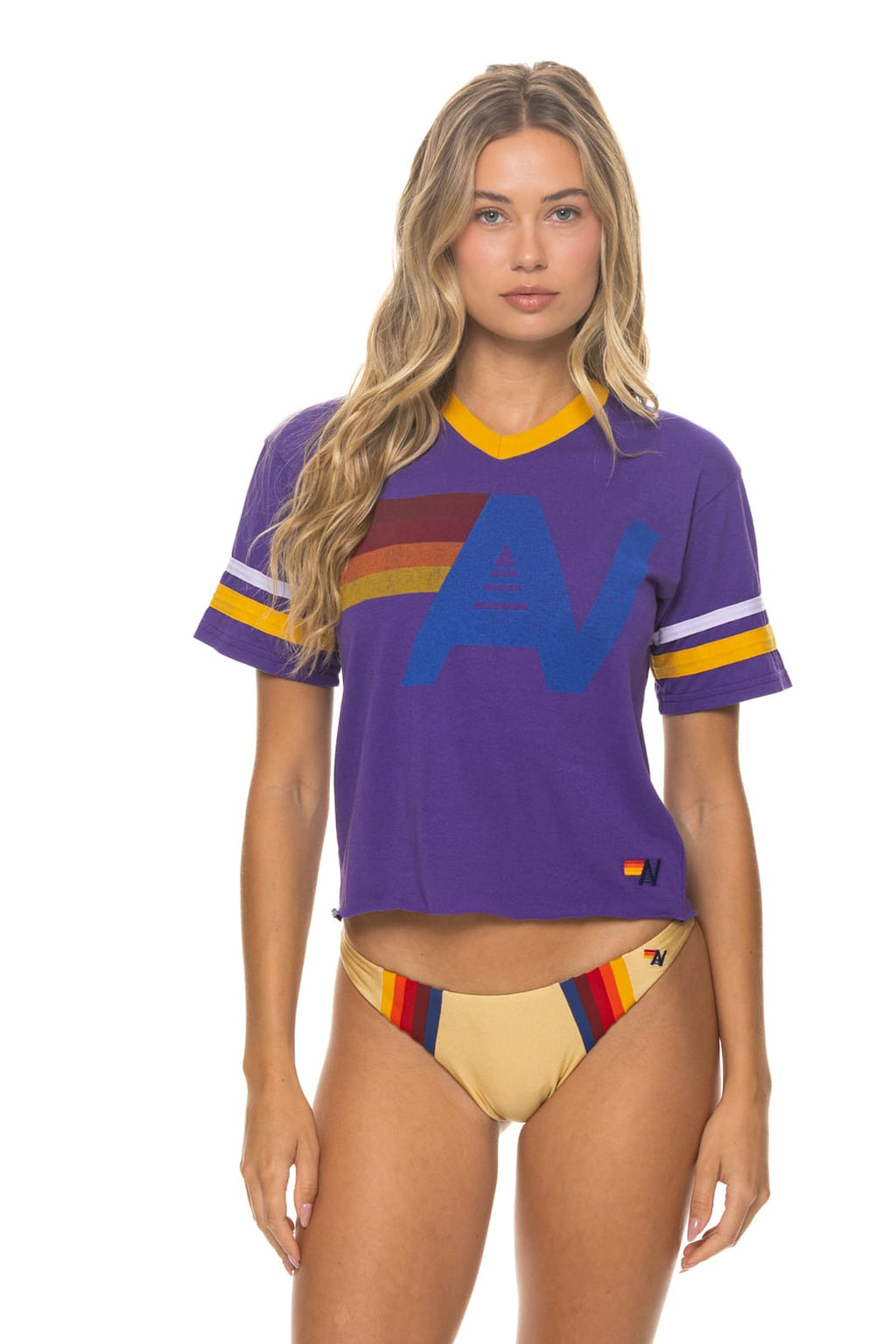 LOGO V-NECK JERSEY BOYFRIEND TEE - DEEP PURPLE WHITE GOLD