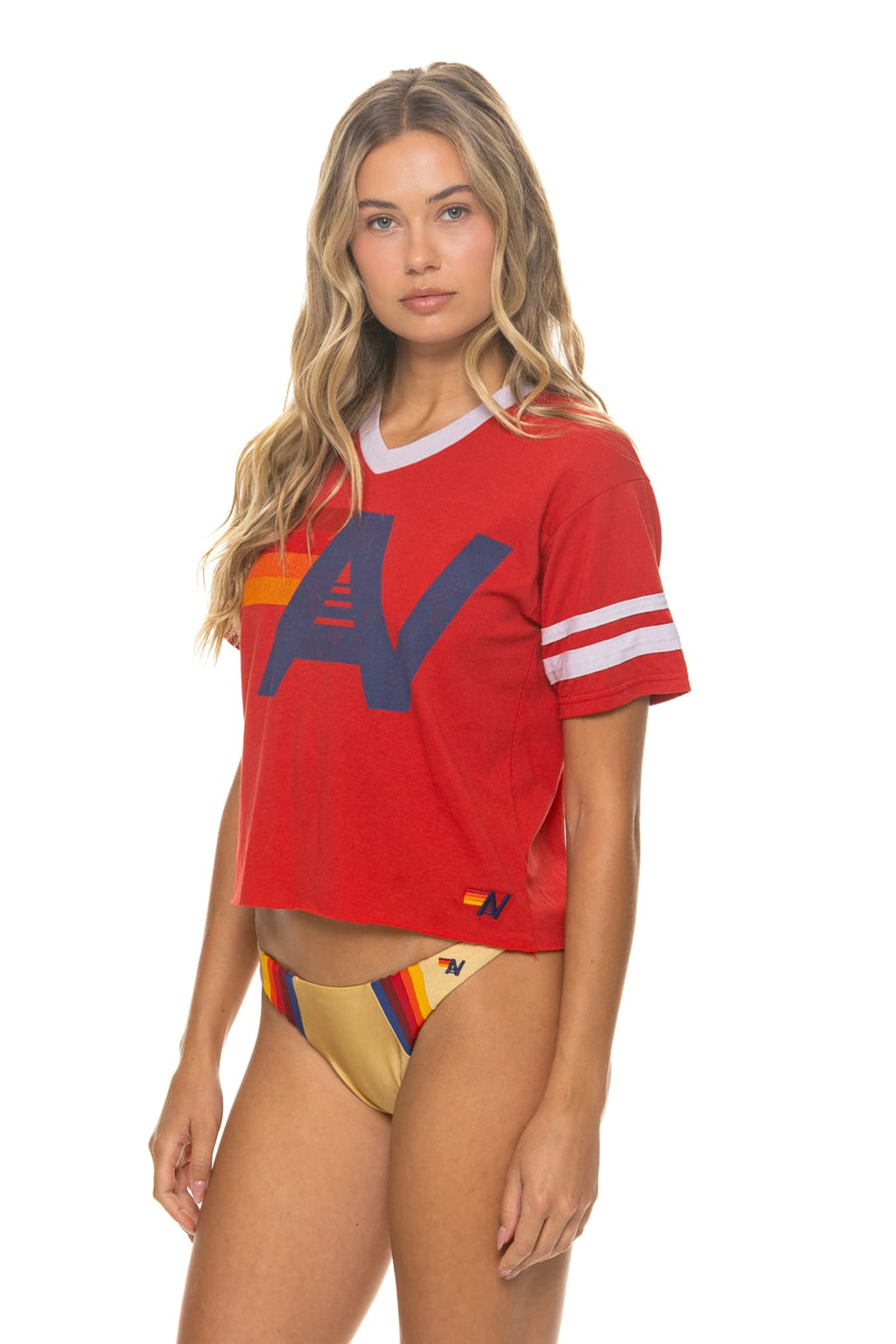 LOGO V-NECK JERSEY BOYFRIEND TEE - RED WHITE