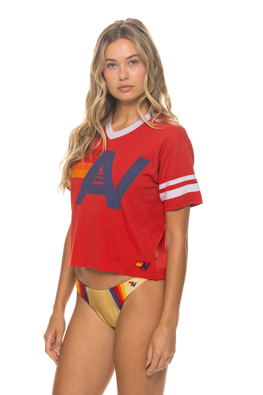 LOGO V-NECK JERSEY BOYFRIEND TEE - RED WHITE