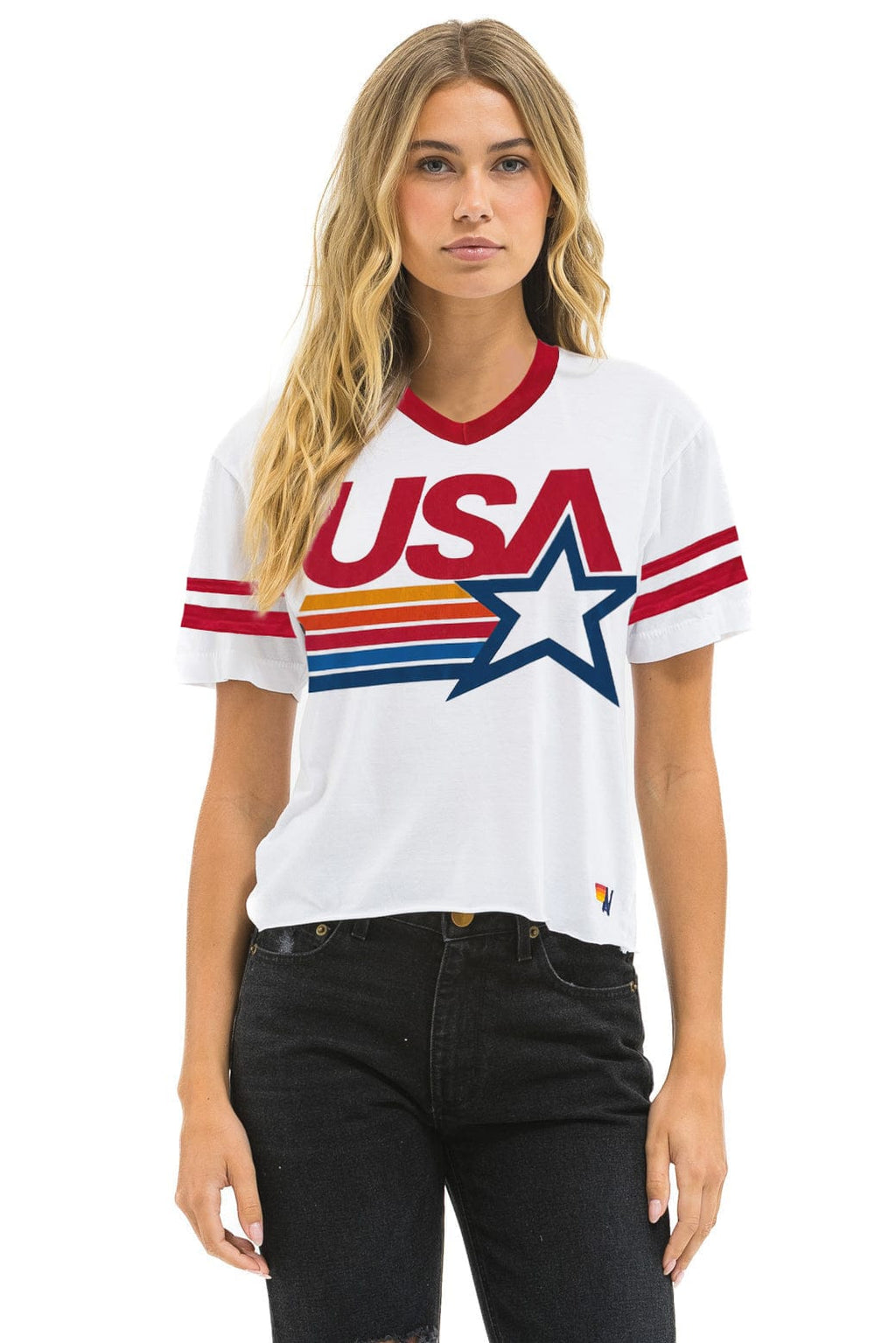 USA STAR VNECK JERSEY BOYFRIEND TEE - WHITE RED
