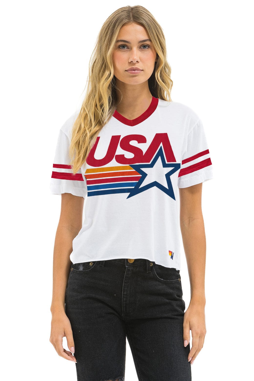 USA STAR VNECK JERSEY BOYFRIEND TEE - WHITE RED