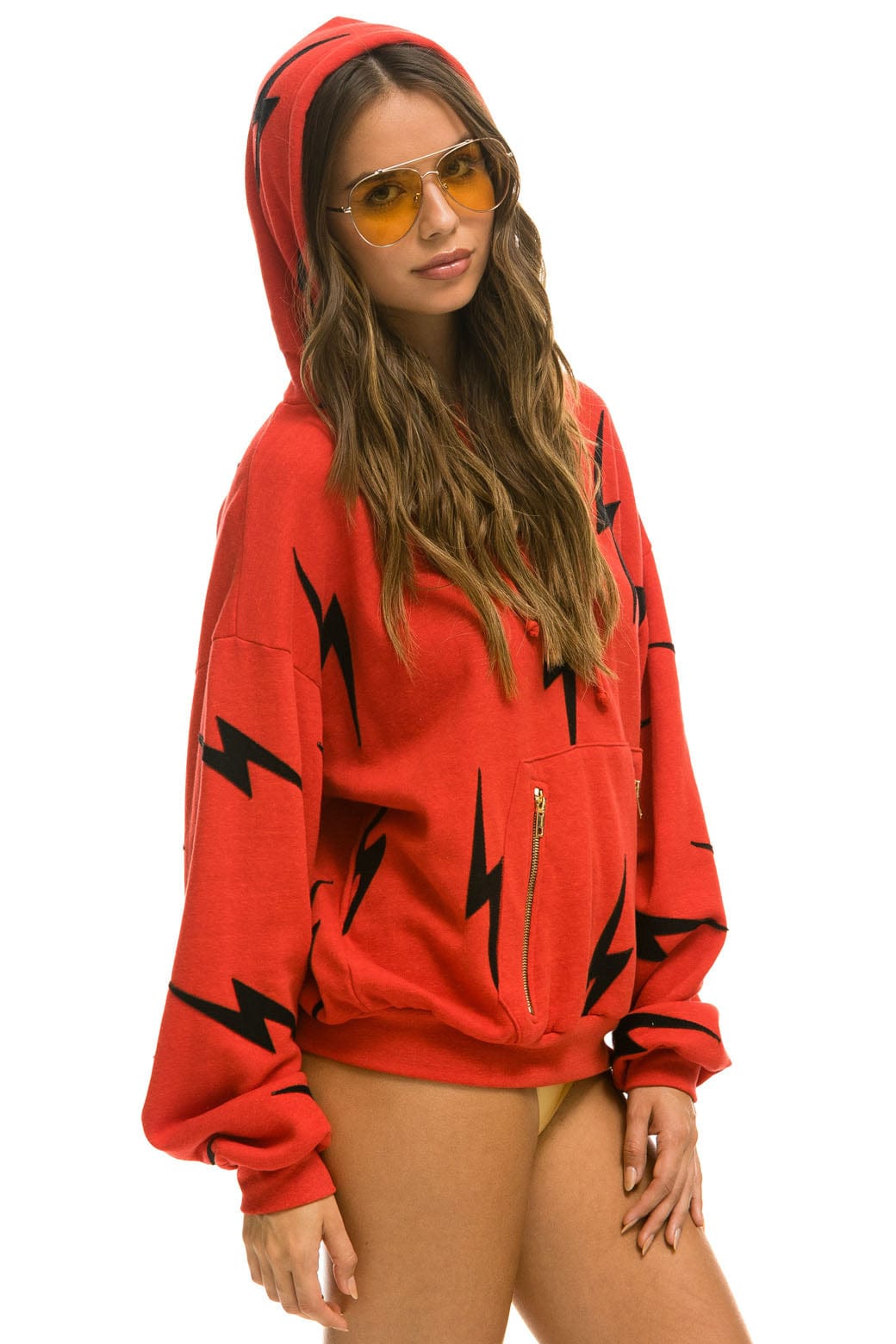 BOLT STITCH REPEAT RELAXED PULLOVER HOODIE WITH POCKET ZIPPERS - RED BLACK