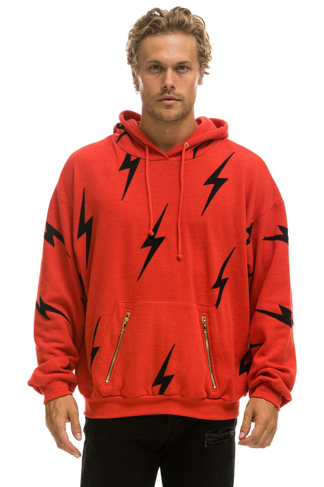 BOLT STITCH REPEAT RELAXED PULLOVER HOODIE WITH POCKET ZIPPERS - RED BLACK