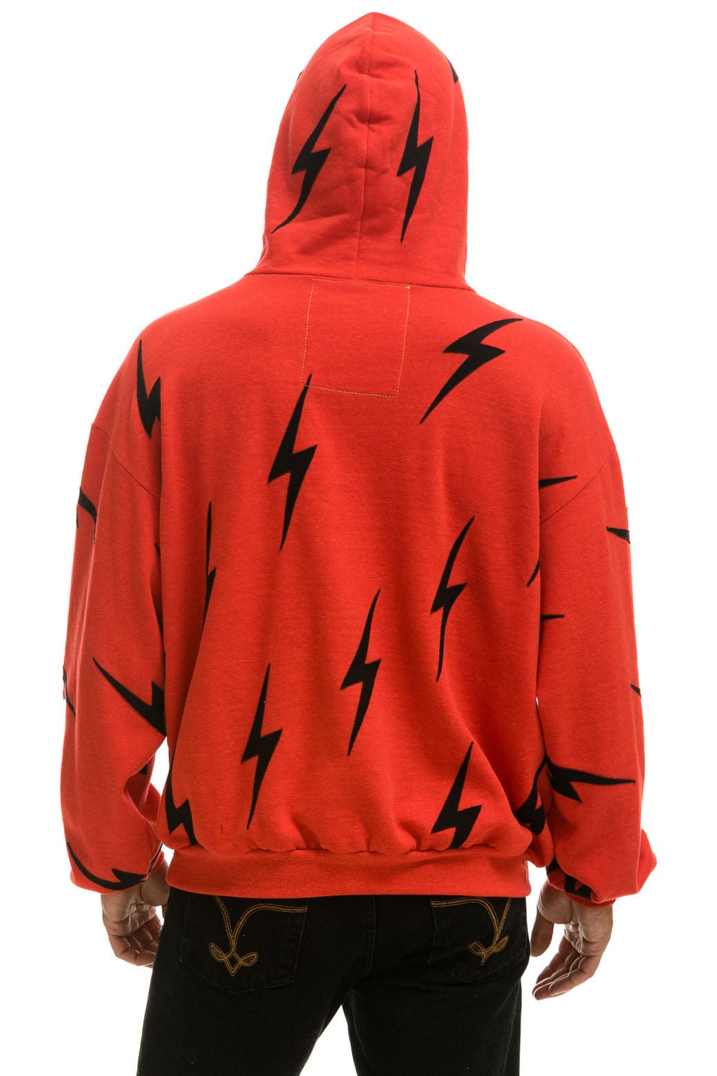 BOLT STITCH REPEAT RELAXED PULLOVER HOODIE WITH POCKET ZIPPERS - RED BLACK