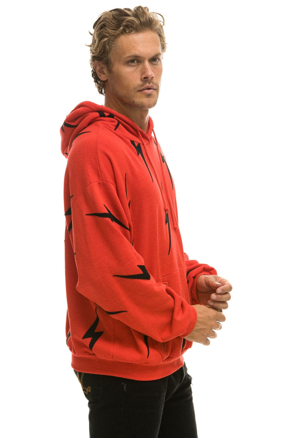BOLT STITCH REPEAT RELAXED PULLOVER HOODIE WITH POCKET ZIPPERS - RED BLACK