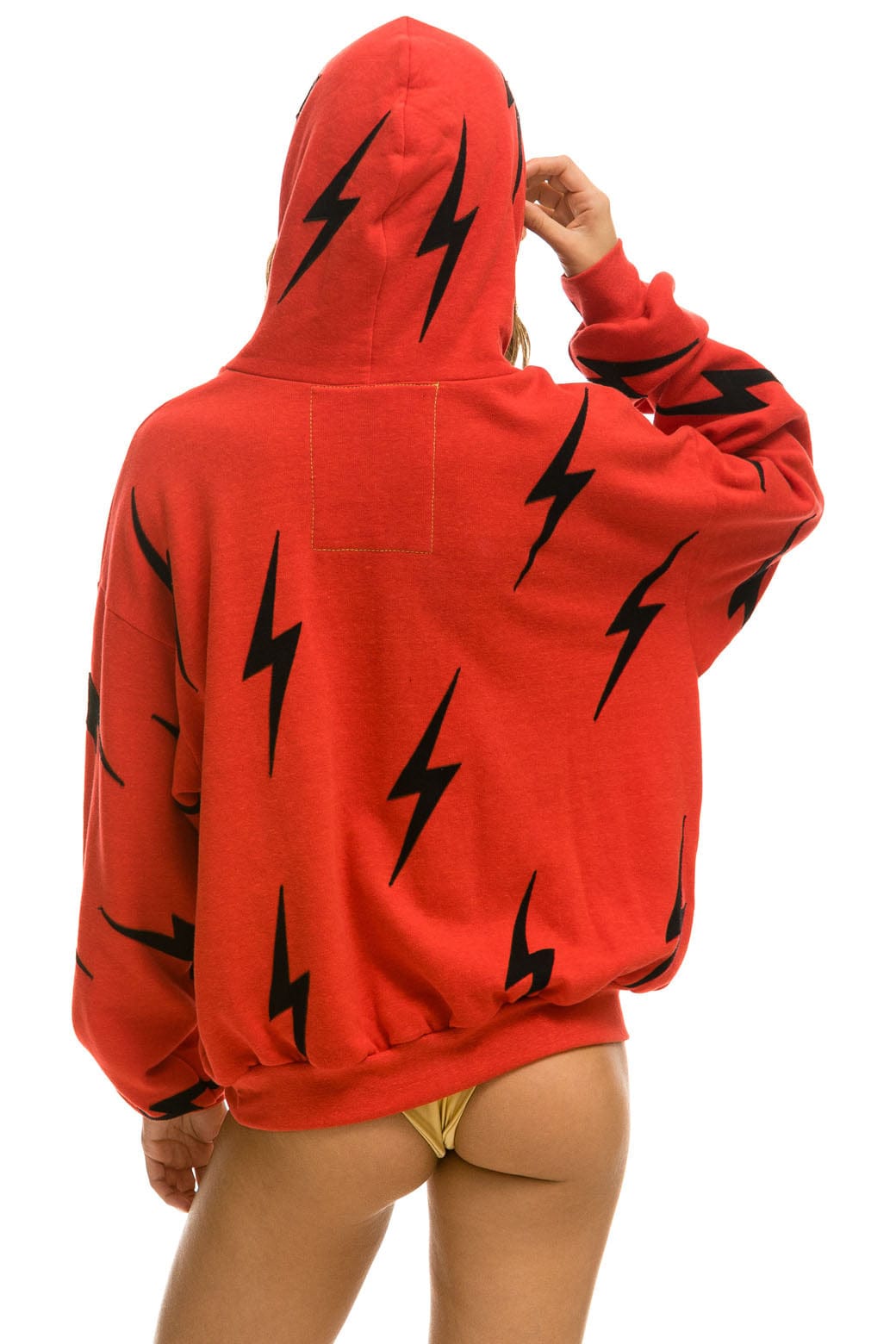 BOLT STITCH REPEAT RELAXED PULLOVER HOODIE WITH POCKET ZIPPERS - RED BLACK