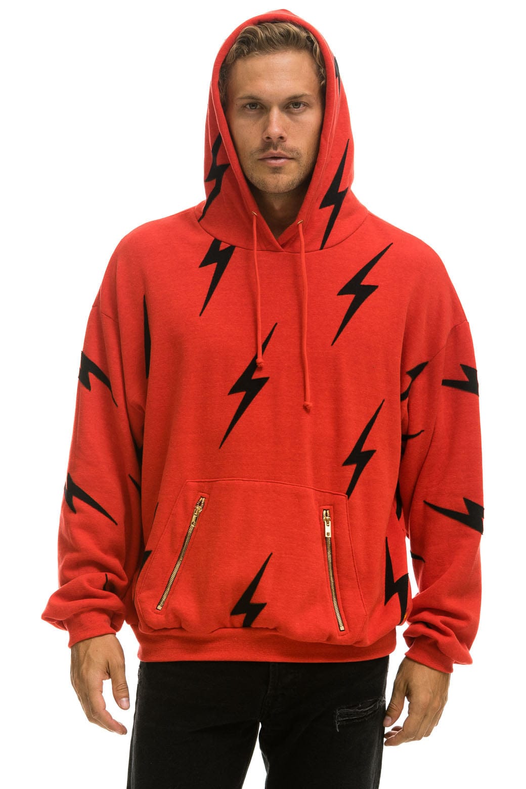 BOLT STITCH REPEAT RELAXED PULLOVER HOODIE WITH POCKET ZIPPERS - RED BLACK