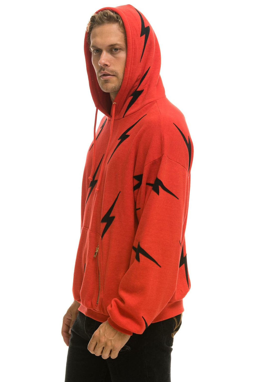 BOLT STITCH REPEAT RELAXED PULLOVER HOODIE WITH POCKET ZIPPERS - RED BLACK