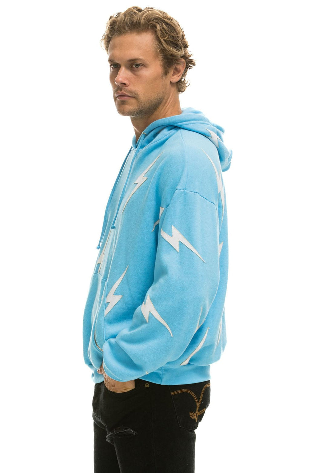 BOLT STITCH REPEAT RELAXED PULLOVER HOODIE WITH POCKET ZIPPERS - SKY WHITE