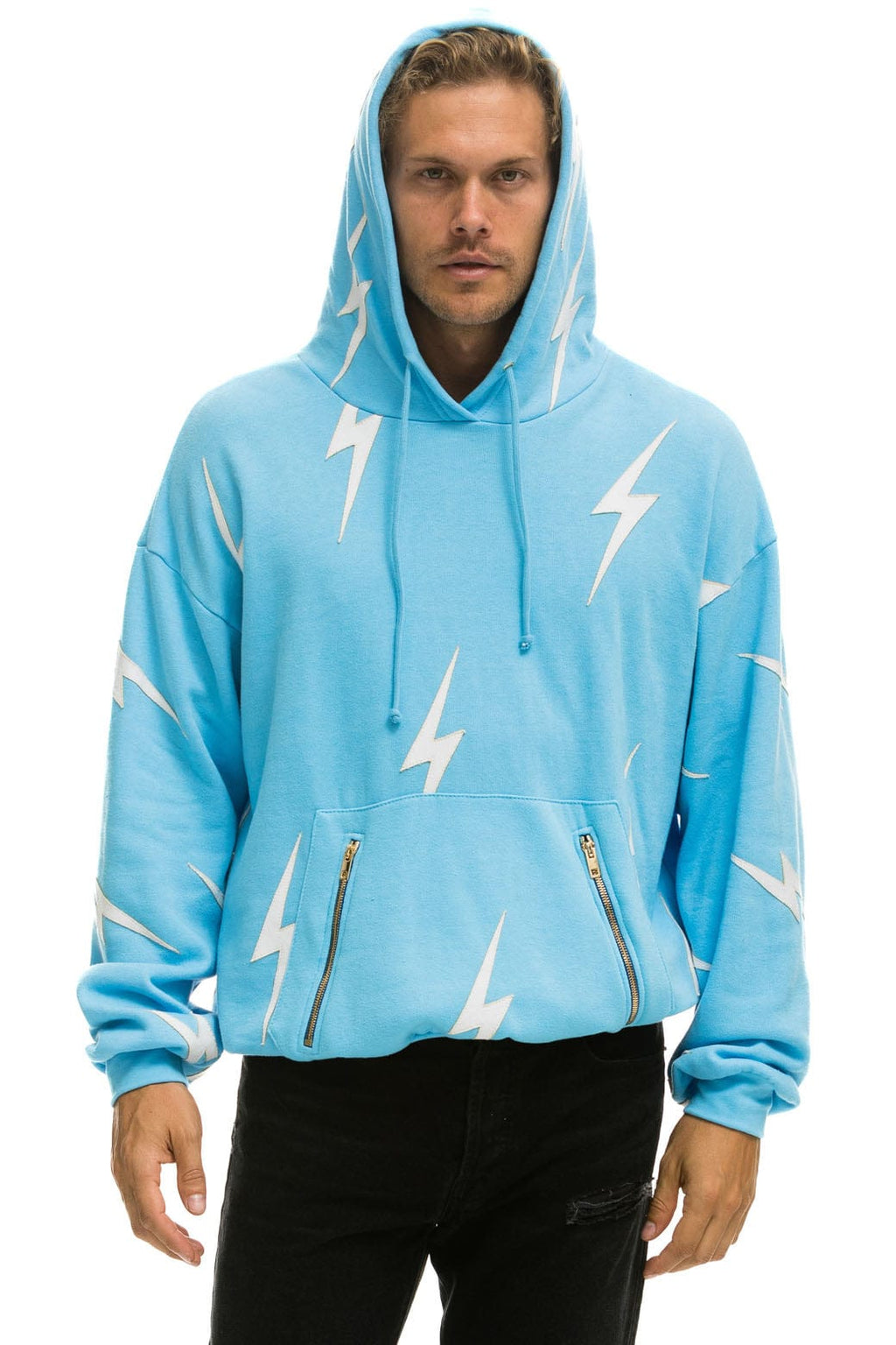 BOLT STITCH REPEAT RELAXED PULLOVER HOODIE WITH POCKET ZIPPERS - SKY WHITE
