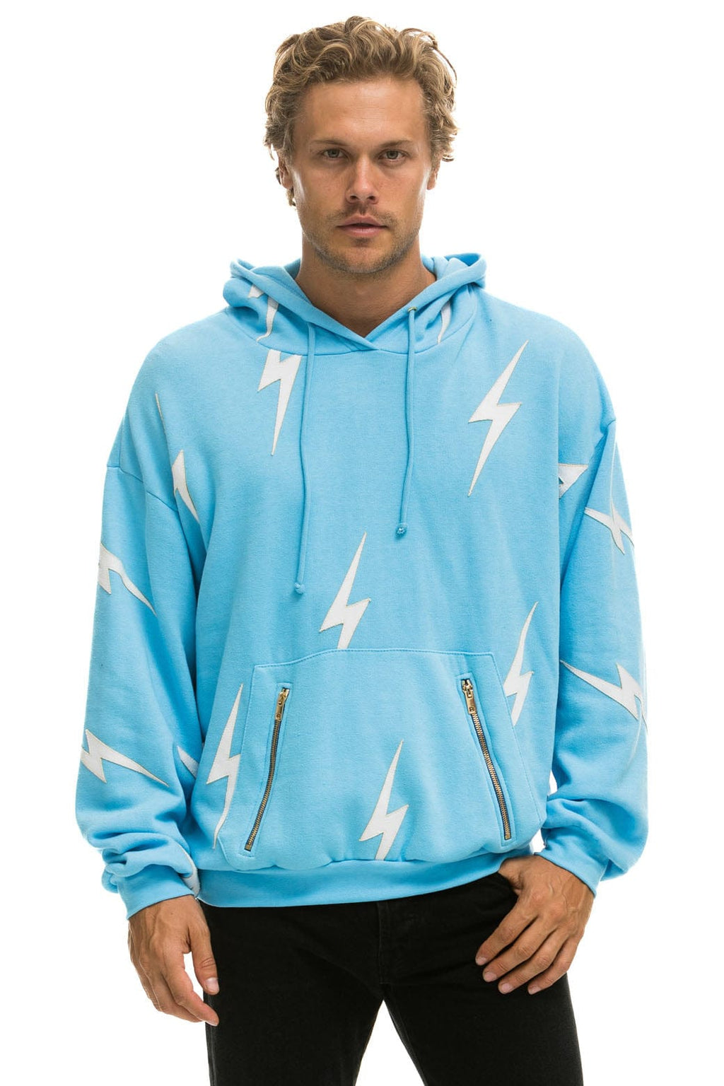 BOLT STITCH REPEAT RELAXED PULLOVER HOODIE WITH POCKET ZIPPERS - SKY WHITE