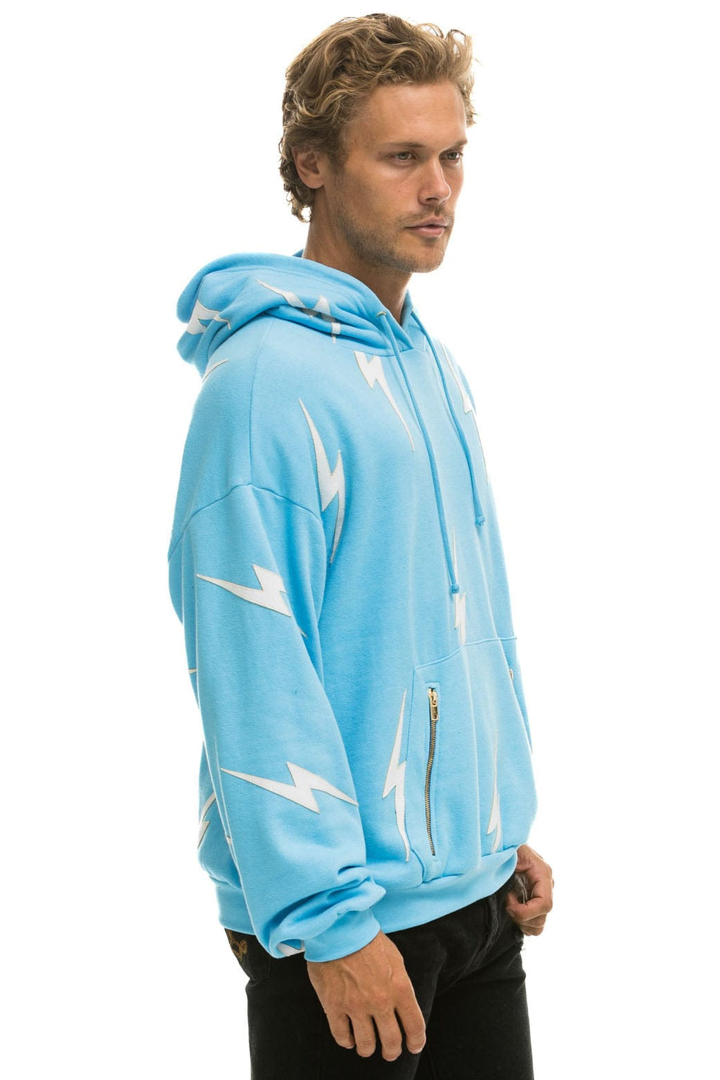 BOLT STITCH REPEAT RELAXED PULLOVER HOODIE WITH POCKET ZIPPERS - SKY WHITE