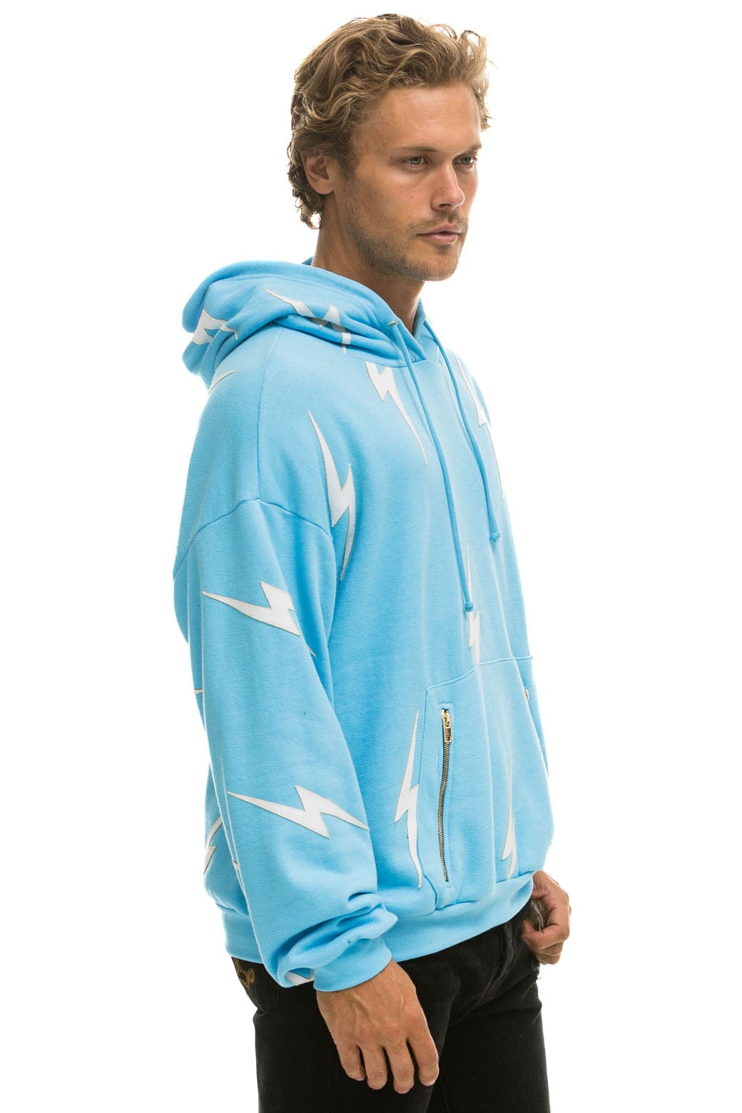 BOLT STITCH REPEAT RELAXED PULLOVER HOODIE WITH POCKET ZIPPERS - SKY WHITE