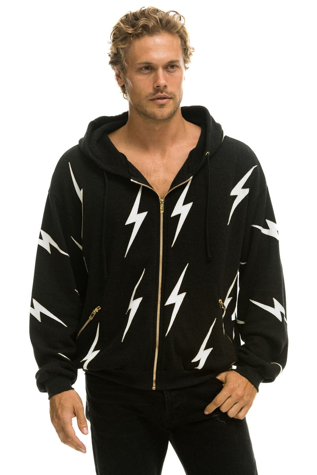 BOLT STITCH REPEAT RELAXED ZIP HOODIE WITH POCKET ZIPPERS- BLACK WHITE