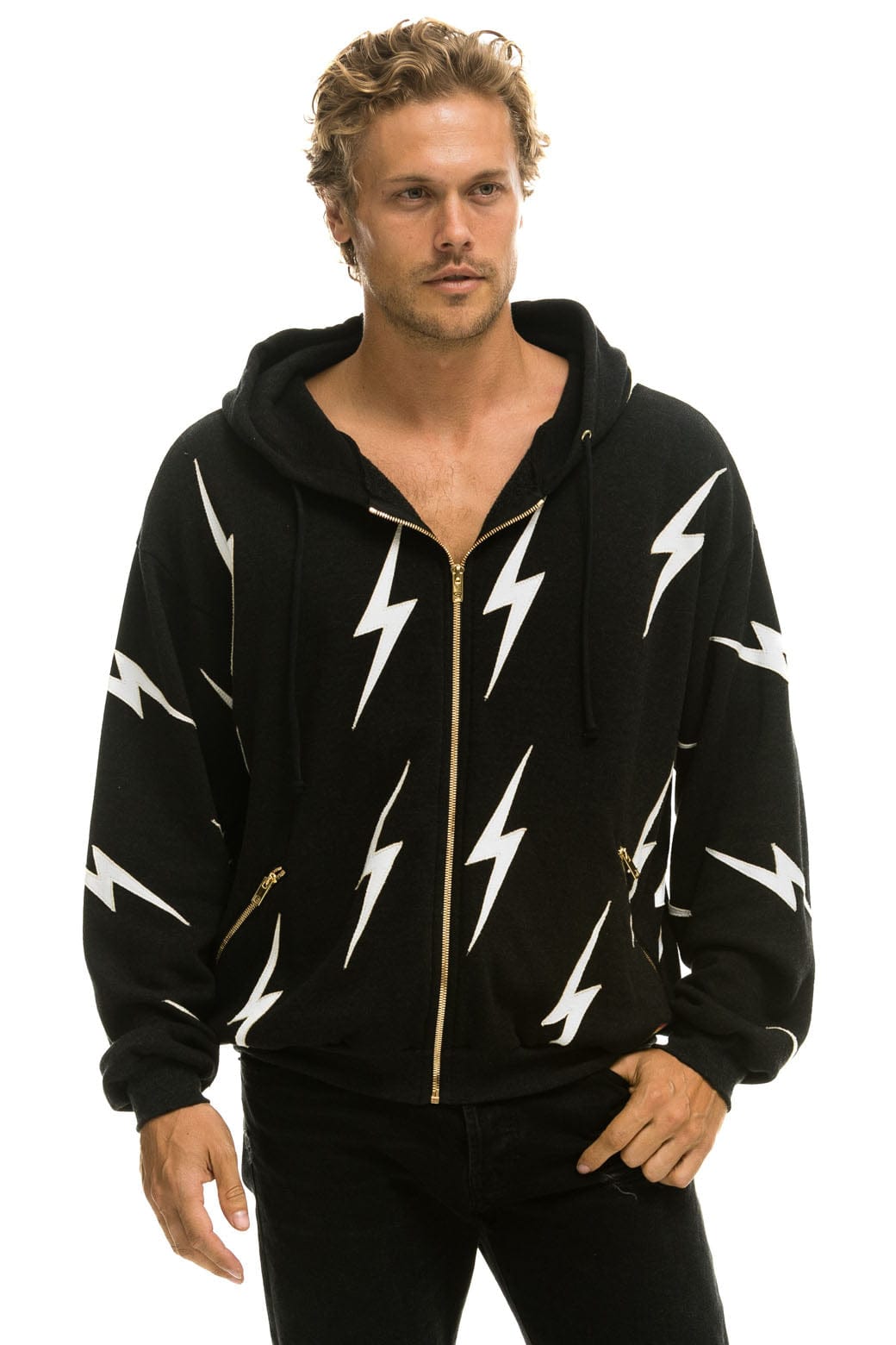 BOLT STITCH REPEAT RELAXED ZIP HOODIE WITH POCKET ZIPPERS- BLACK WHITE