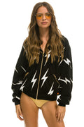 BOLT STITCH REPEAT RELAXED ZIP HOODIE WITH POCKET ZIPPERS- BLACK WHITE