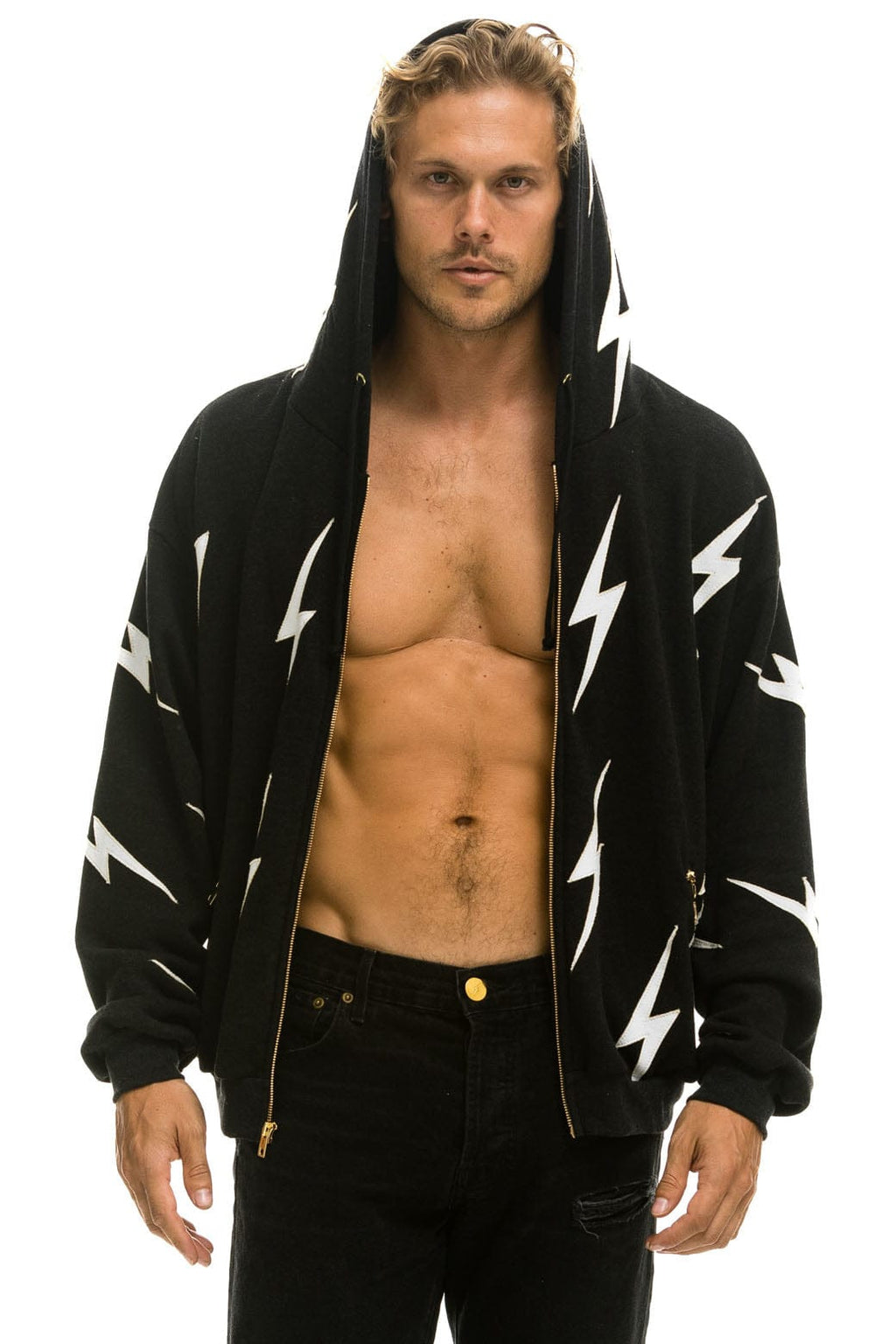 BOLT STITCH REPEAT RELAXED ZIP HOODIE WITH POCKET ZIPPERS- BLACK WHITE