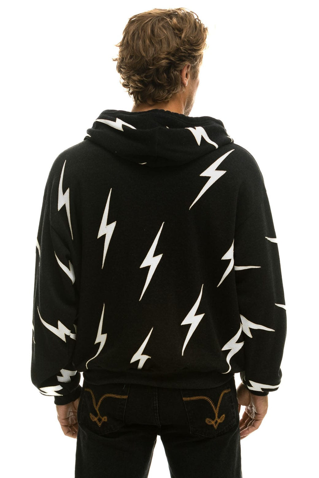 BOLT STITCH REPEAT RELAXED ZIP HOODIE WITH POCKET ZIPPERS- BLACK WHITE