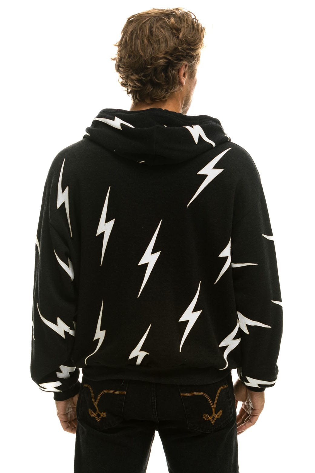 BOLT STITCH REPEAT RELAXED ZIP HOODIE WITH POCKET ZIPPERS- BLACK WHITE