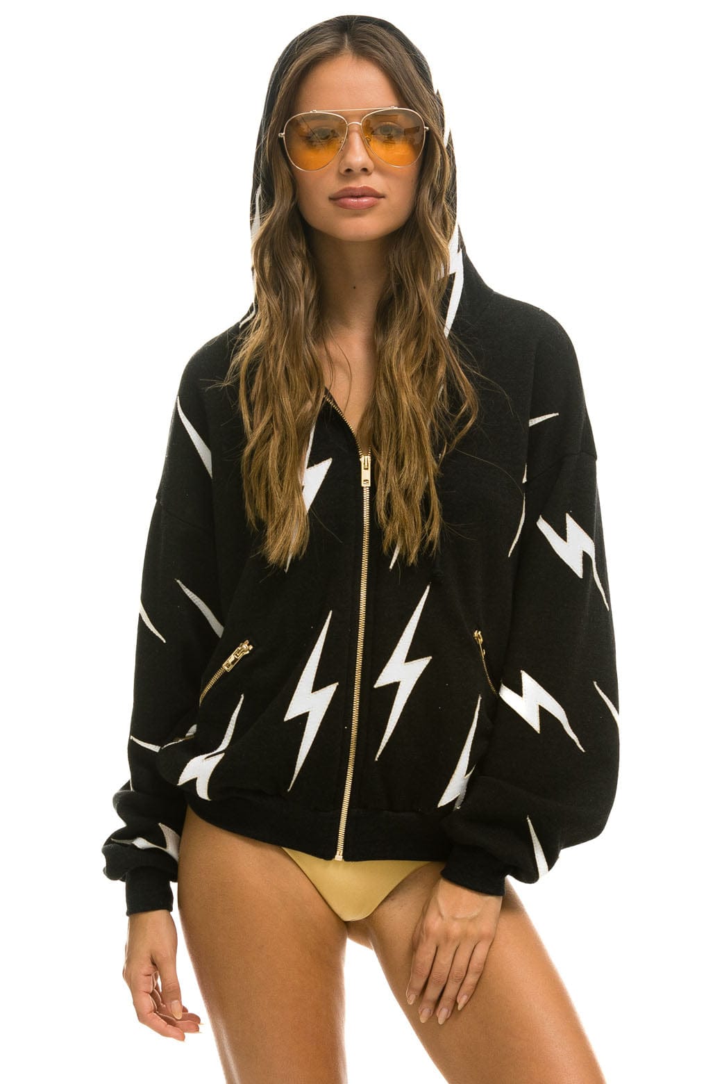 BOLT STITCH REPEAT RELAXED ZIP HOODIE WITH POCKET ZIPPERS- BLACK WHITE
