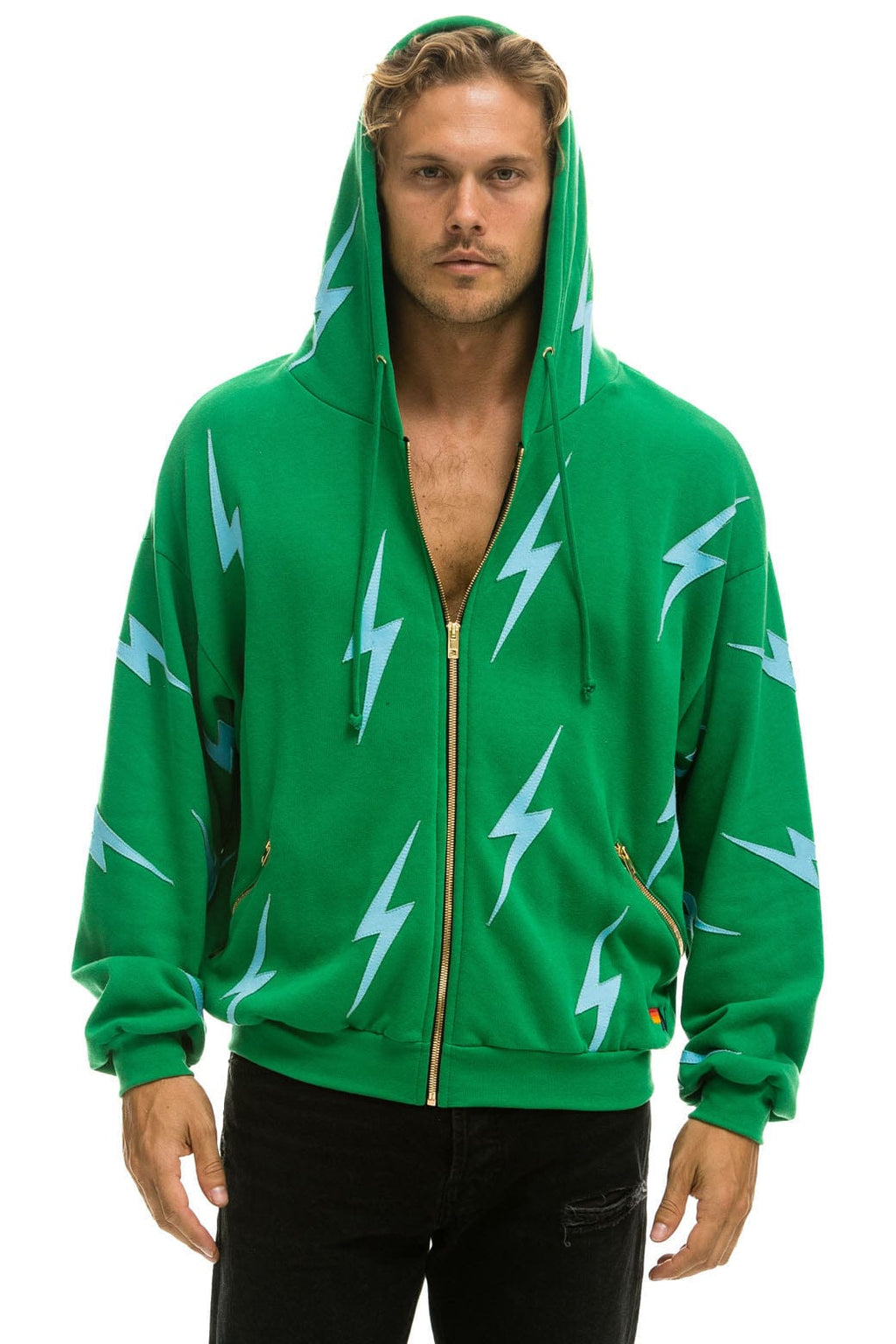 BOLT STITCH REPEAT RELAXED ZIP HOODIE WITH POCKET ZIPPERS - KELLY GREEN BLUE