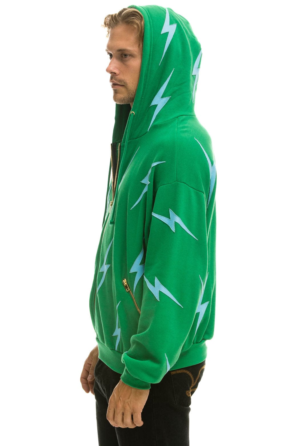 BOLT STITCH REPEAT RELAXED ZIP HOODIE WITH POCKET ZIPPERS - KELLY GREEN BLUE