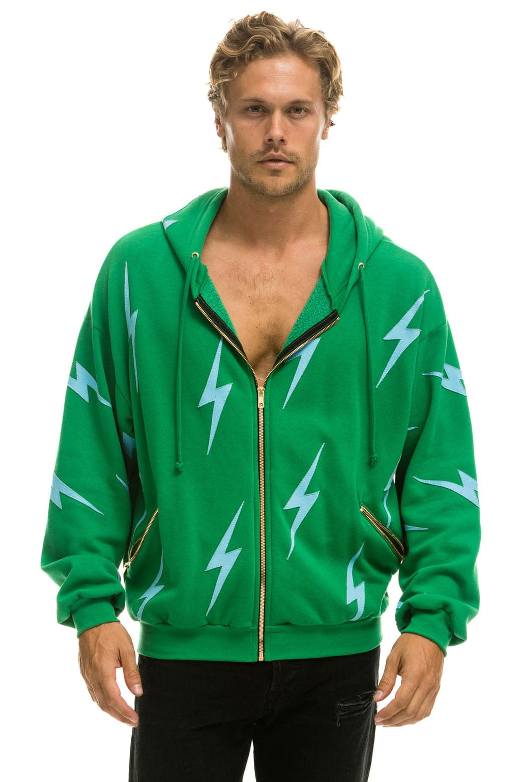 BOLT STITCH REPEAT RELAXED ZIP HOODIE WITH POCKET ZIPPERS - KELLY GREEN BLUE