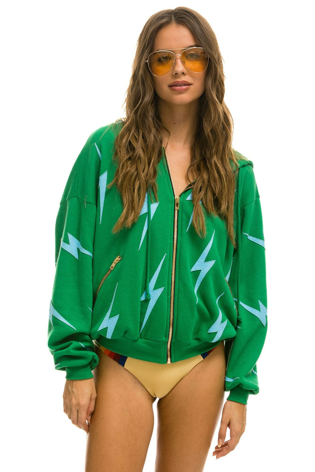 BOLT STITCH REPEAT RELAXED ZIP HOODIE WITH POCKET ZIPPERS - KELLY GREEN BLUE