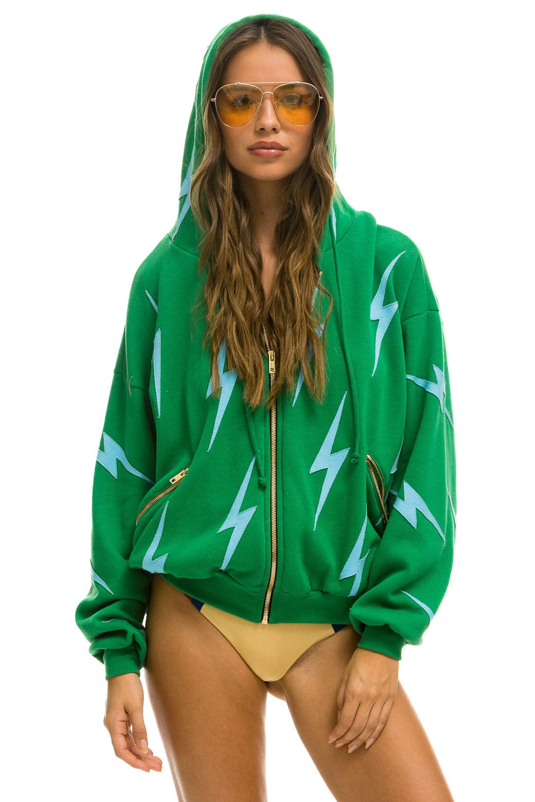 BOLT STITCH REPEAT RELAXED ZIP HOODIE WITH POCKET ZIPPERS - KELLY GREEN BLUE