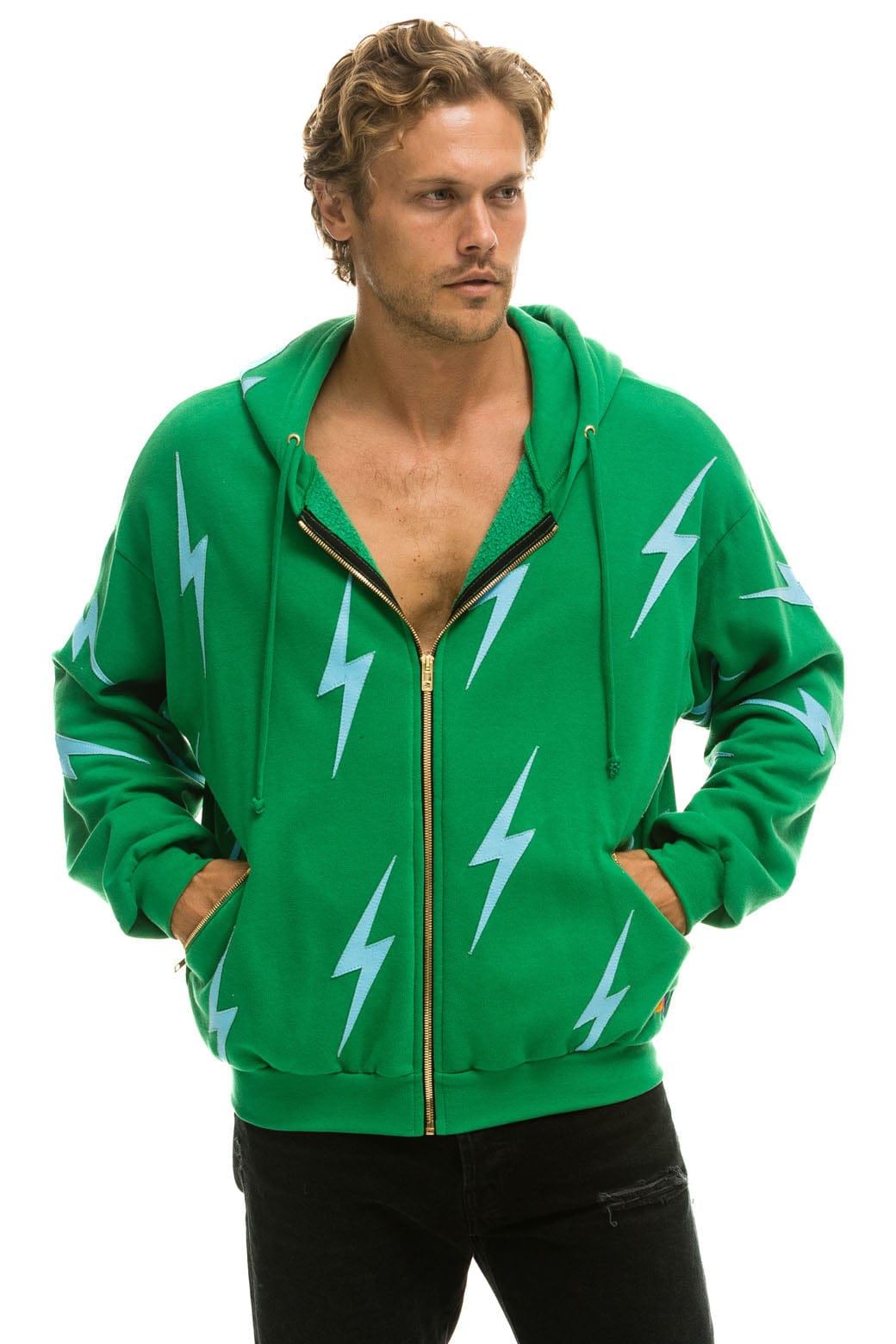 BOLT STITCH REPEAT RELAXED ZIP HOODIE WITH POCKET ZIPPERS - KELLY GREEN BLUE