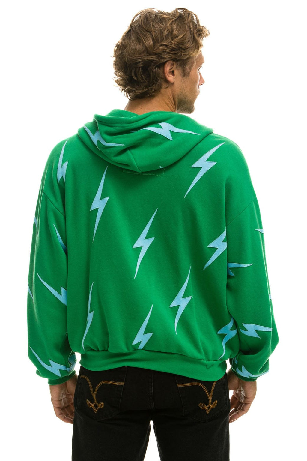BOLT STITCH REPEAT RELAXED ZIP HOODIE WITH POCKET ZIPPERS - KELLY GREEN BLUE