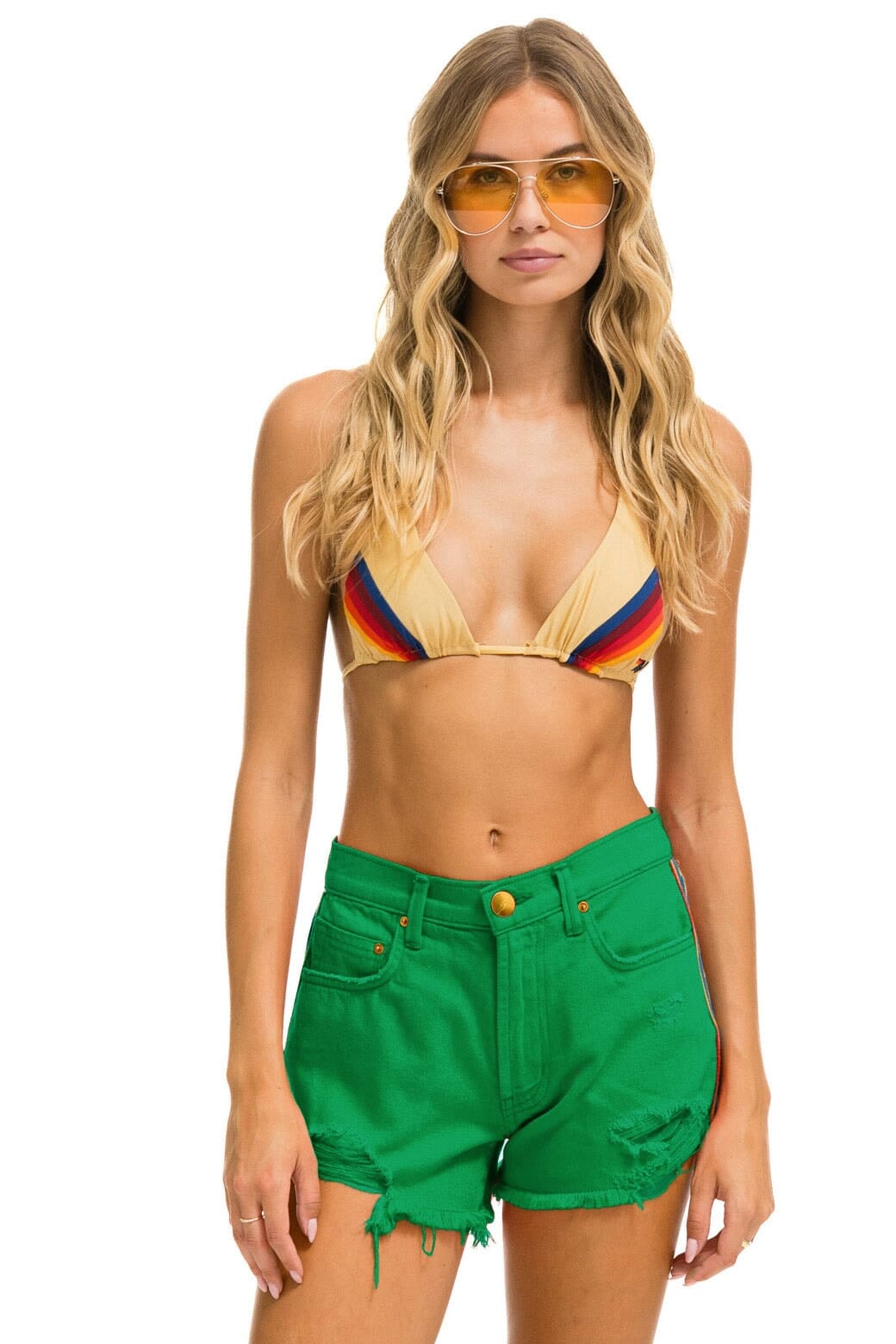 BOLT STRIPE BOYFRIEND CUTOFF JEAN SHORTS - KELLY GREEN