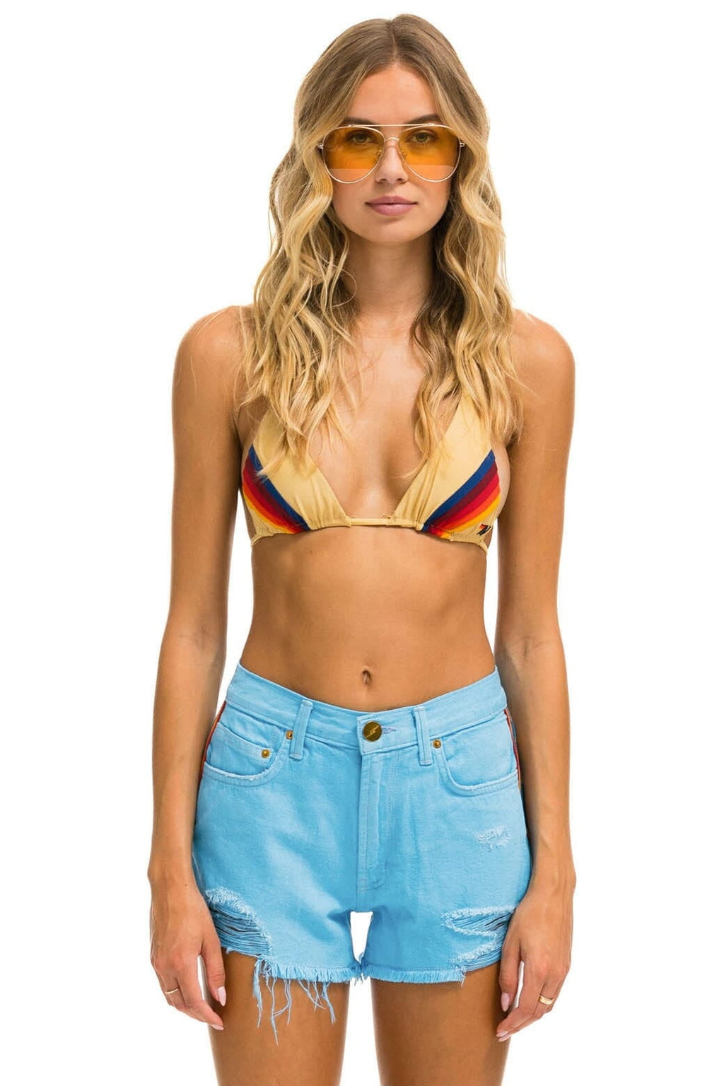 BOLT STRIPE BOYFRIEND CUTOFF JEAN SHORTS - SKY