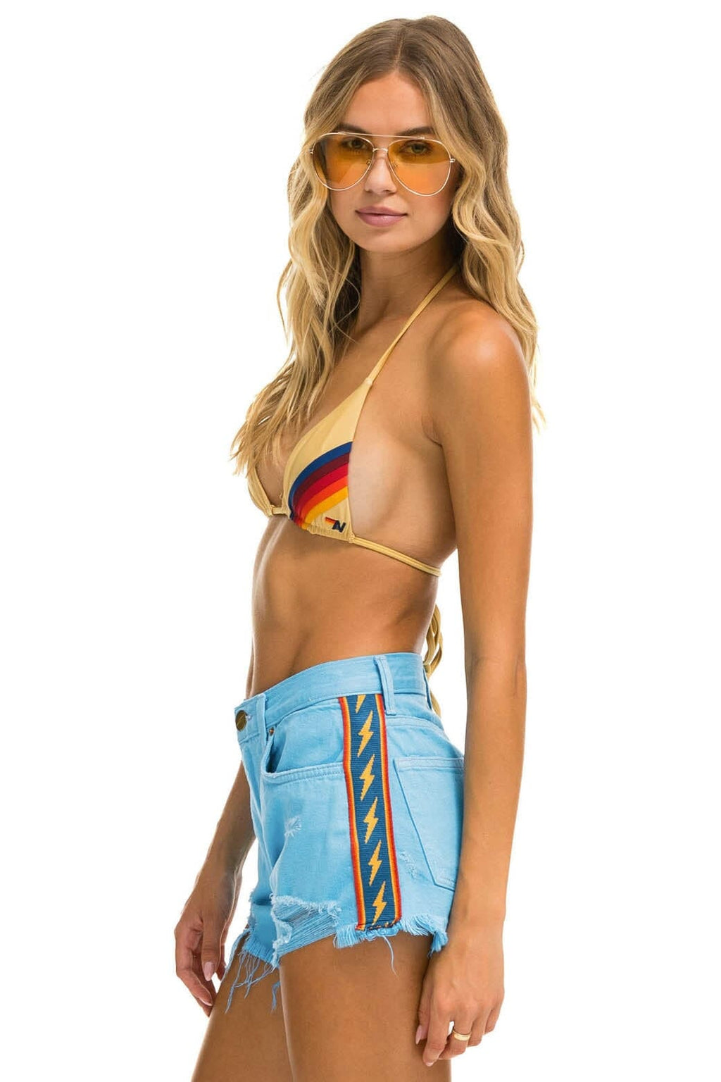 BOLT STRIPE BOYFRIEND CUTOFF JEAN SHORTS - SKY