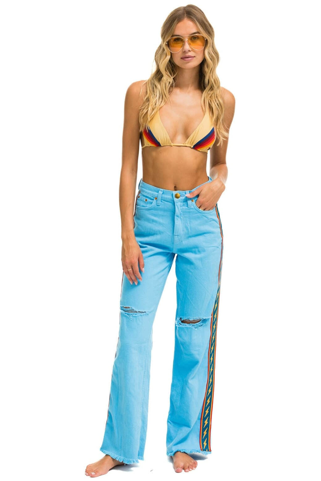 BOLT STRIPE HI RISE WIDE-LEG GYPSY JEAN - SKY