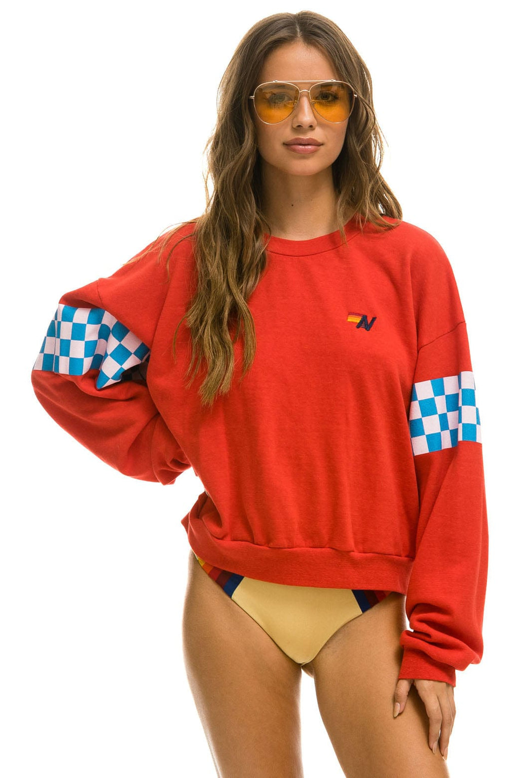 CHECK 2 SLEEVE RELAXED CREW SWEATSHIRT - RED WHITE BLUE