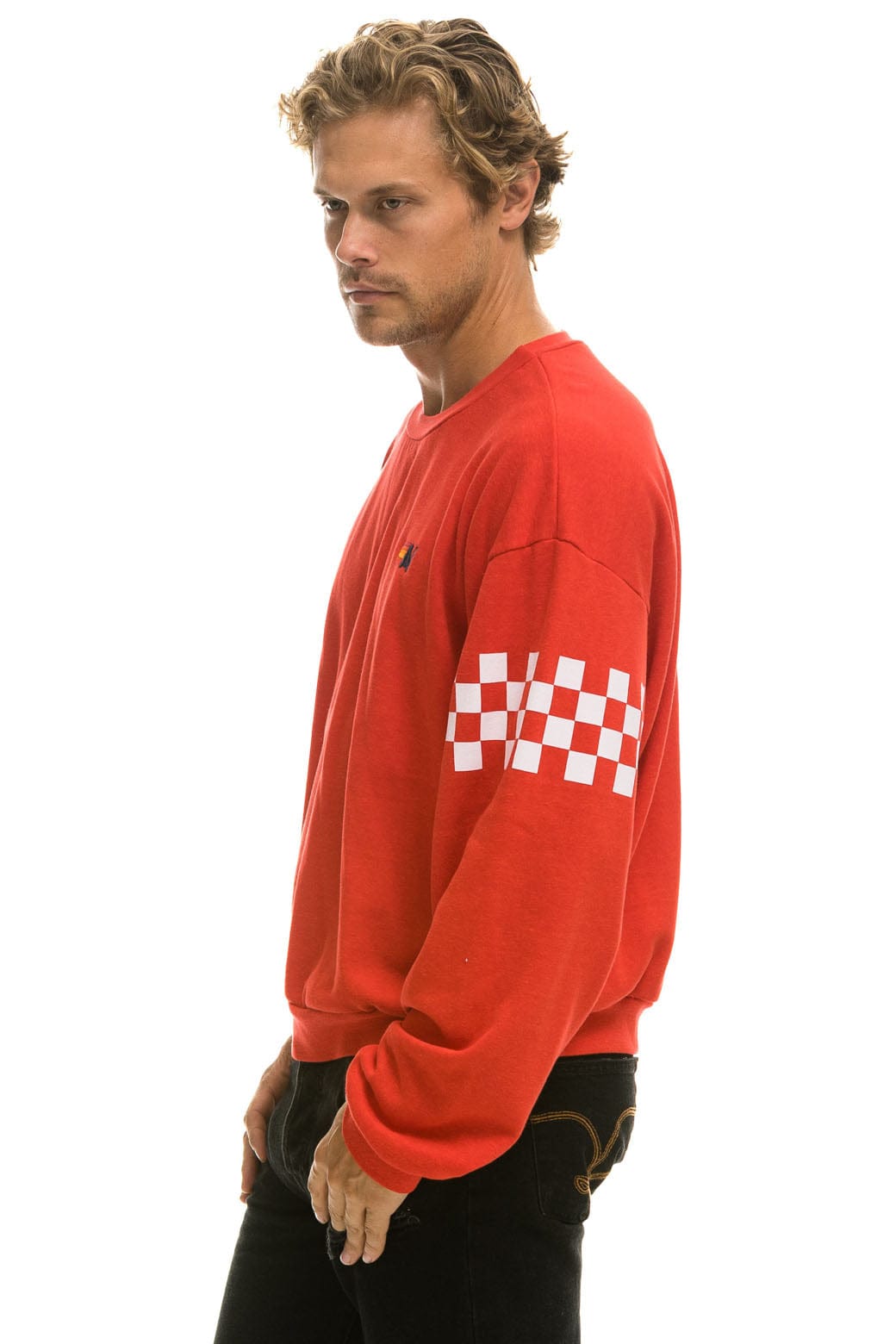 CHECK 2 SLEEVE RELAXED CREW SWEATSHIRT - RED WHITE