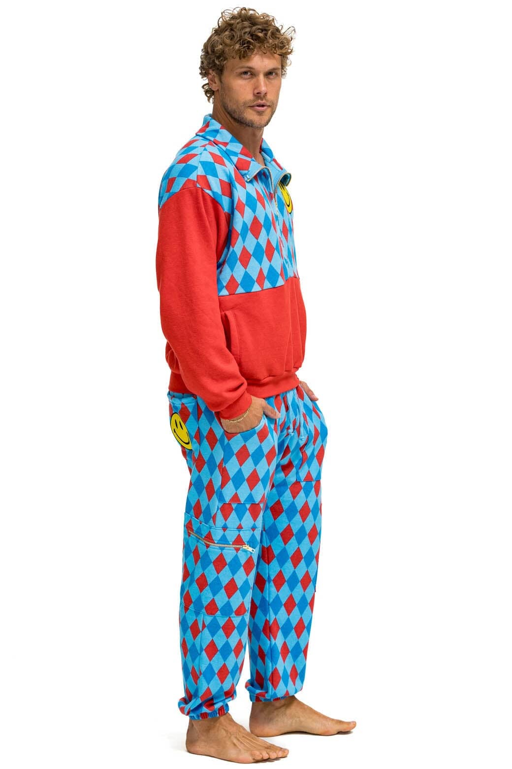 DIAMOND SMILEY 2 FLEECE HALF ZIP COLOR BLOCK SWEATSHIRT - RED SKY