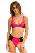 HI-WAISTED SIDE CUT OUT COLOR BLOCK CHEEKY BIKINI BOTTOMS - RED BLACK